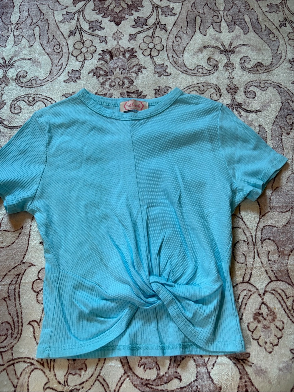 Blush Turquoise Ribbed Twist Front Cropped T-Shirt